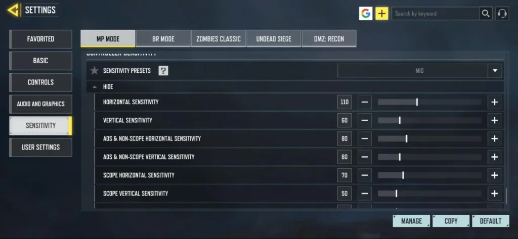 ترجمه سنسیویتی بخش Sensitivity Presets کالاف موبایل